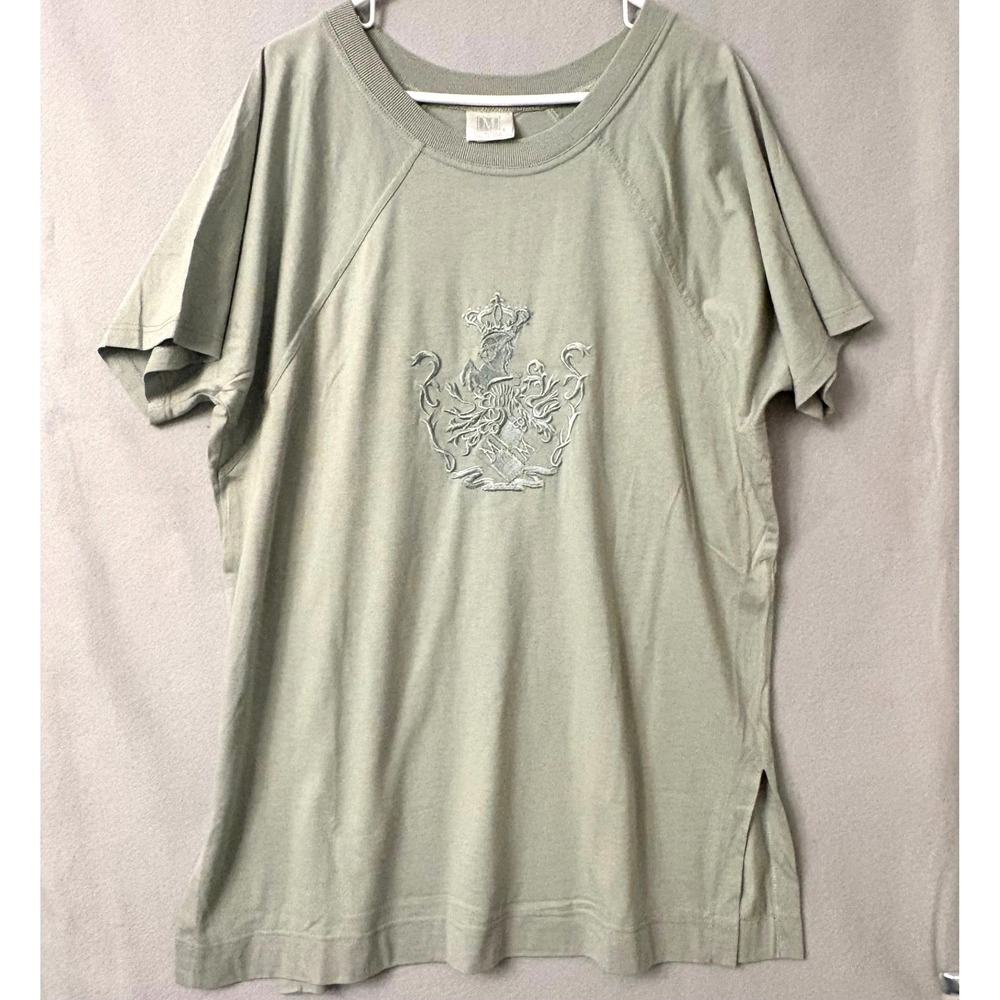 Madeleine Sage Green Crest Embroidered Raglan Short Sleeve Top Size L 42/44
